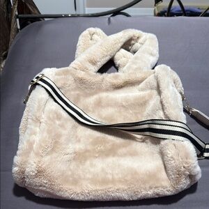 Faux Fur Tote Bag with Striped Strap